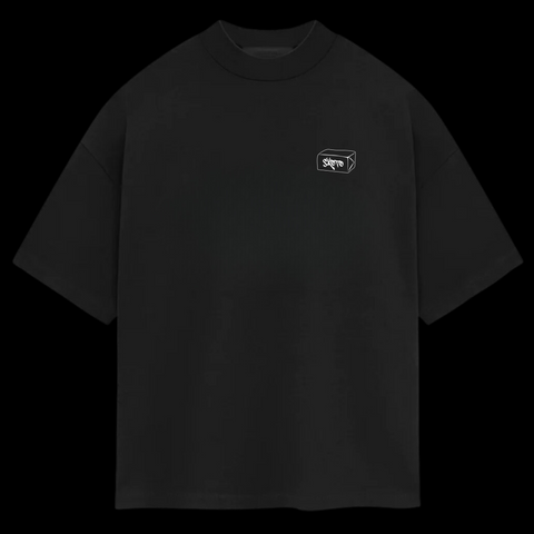 Front of Skoto Butter Board Tee – black oversized t-shirt with minimalist white Skoto box logo on chest