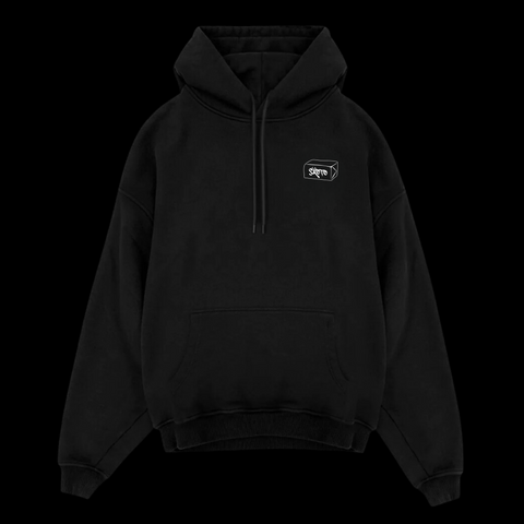 Front of Skoto Butter SKI Hoodie – black heavyweight hoodie with white Skoto box logo on chest and drawstring hood