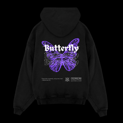 Back of Skoto Butterfly Hoodie – black hoodie with purple butterfly graphic, layered “Butterfly” text, and Muhammad Ali quote