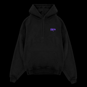 Front of Skoto Butterfly Hoodie – black pullover hoodie with purple Skoto graffiti logo on chest and kangaroo pocket
