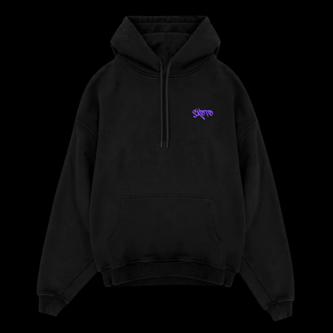 Front of Skoto Butterfly Hoodie – black pullover hoodie with purple Skoto graffiti logo on chest and kangaroo pocket