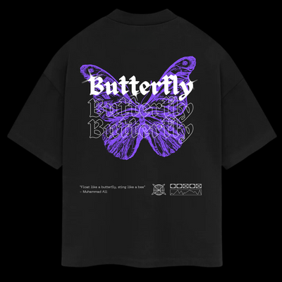 Back of Skoto Butterfly Tee – black oversized shirt with layered purple butterfly graphic and bold white gothic “Butterfly” text