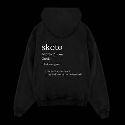 Back of Skoto Genesis Hoodie – black hoodie featuring Skoto dictionary definition graphic with Greek origin and minimalist white text design