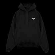 Front of Skoto Genesis Hoodie – black heavyweight hoodie with white Skoto graffiti logo on chest and drawstring hood