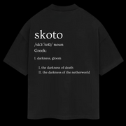 Back of Skoto Genesis Tee – black oversized t-shirt with white dictionary-style text design defining “Skoto” from Ancient Greek