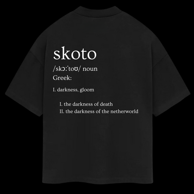 Back of Skoto Genesis Tee – black oversized t-shirt with white dictionary-style text design defining “Skoto” from Ancient Greek