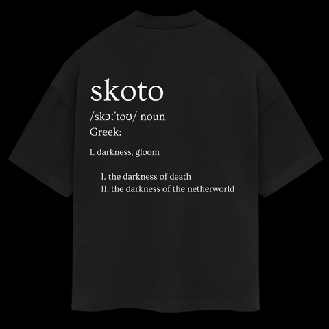 Back of Skoto Genesis Tee – black oversized t-shirt with white dictionary-style text design defining “Skoto” from Ancient Greek