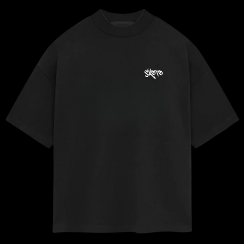 Front of Skoto Genesis Tee – minimalist black oversized t-shirt featuring white Skoto logo on left chest