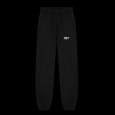 Skoto Long Fit Pants – black streetwear sweatpants with elastic cuffs and white Skoto graffiti logo on thigh