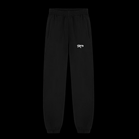 Skoto Long Fit Pants – black streetwear sweatpants with elastic cuffs and white Skoto graffiti logo on thigh