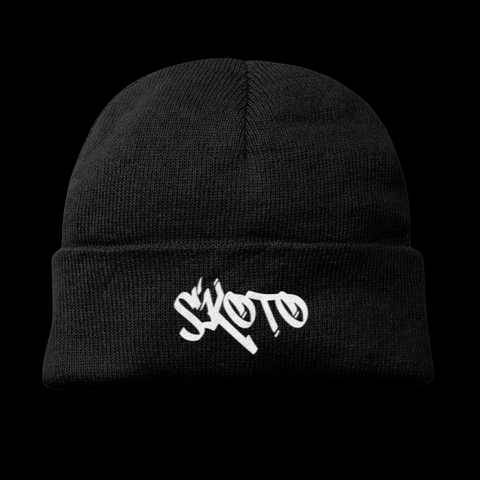 Skoto black beanie – ribbed knit cuffed beanie with bold white Skoto graffiti logo on front